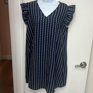 16. V-neck Sundress Navy Blue w/ White vertical lines Ruffled Cap sleeves